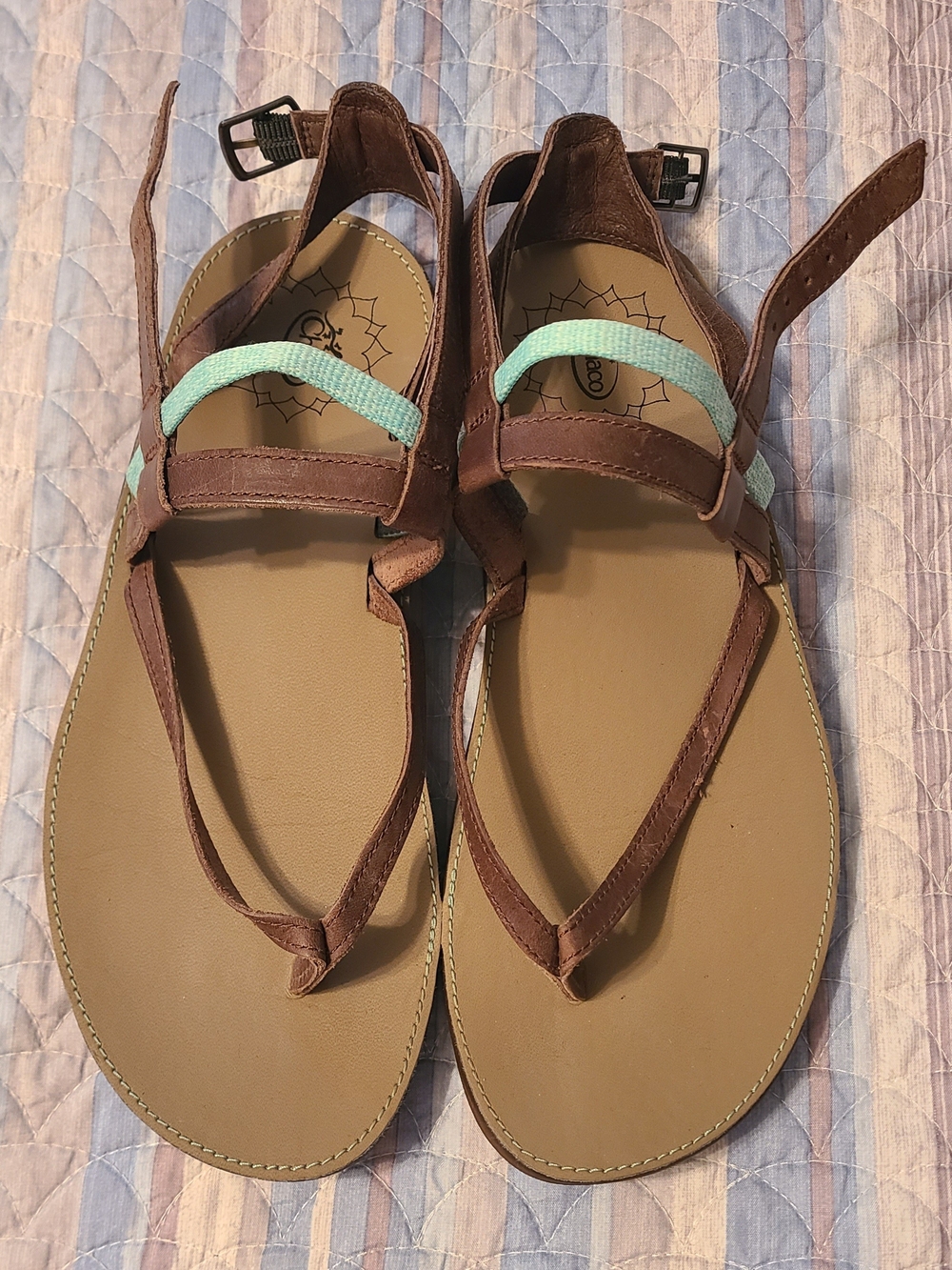 Chaco-Brown Leather T-Strap Sandals with Mint Accent - Women